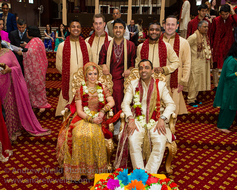 Kelvingrove Hindu Mandir wedding couple and groomsmen